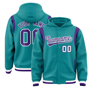 Custom Aqua Purple Varsity Full-Snap Letterman Shoulder Color Block Hoodie Jacket