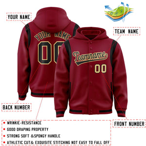 Custom Crimson Black Varsity Full-Snap Letterman Shoulder Color Block Hoodie Jacket