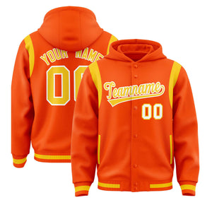 Custom Orange Gold Varsity Full-Snap Letterman Shoulder Color Block Hoodie Jacket