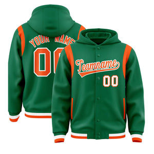 Custom Kelly Green Orange Varsity Full-Snap Letterman Shoulder Color Block Hoodie Jacket