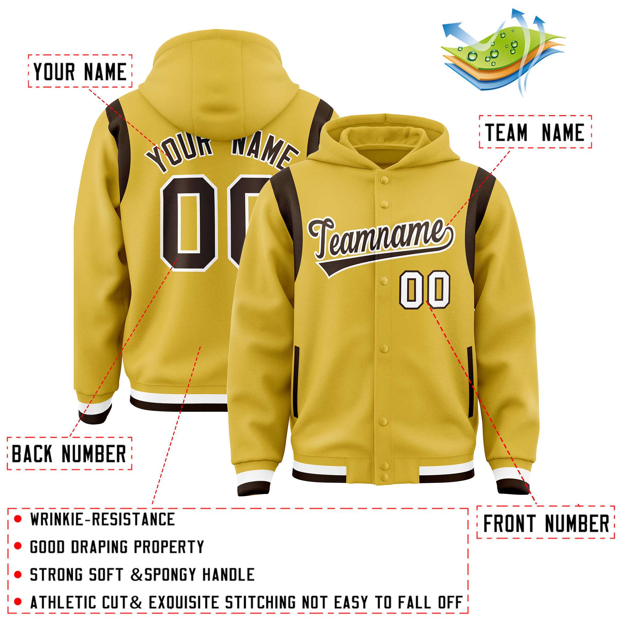 Custom Old Gold Brown Varsity Full-Snap Letterman Shoulder Color Block Hoodie Jacket