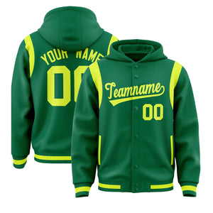 Custom Kelly Green Fluorescent Green Varsity Full-Snap Letterman Shoulder Color Block Hoodie Jacket