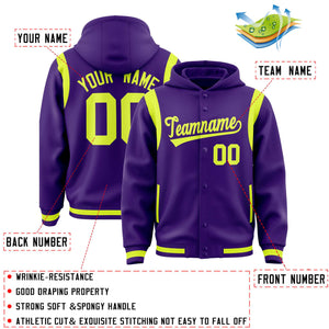 Custom Purple Fluorescent Green Varsity Full-Snap Letterman Shoulder Color Block Hoodie Jacket