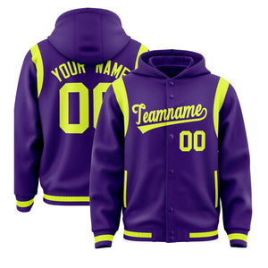 Custom Purple Fluorescent Green Varsity Full-Snap Letterman Shoulder Color Block Hoodie Jacket