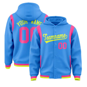 Custom Powder Blue Fluorescent Green Varsity Full-Snap Letterman Shoulder Color Block Hoodie Jacket