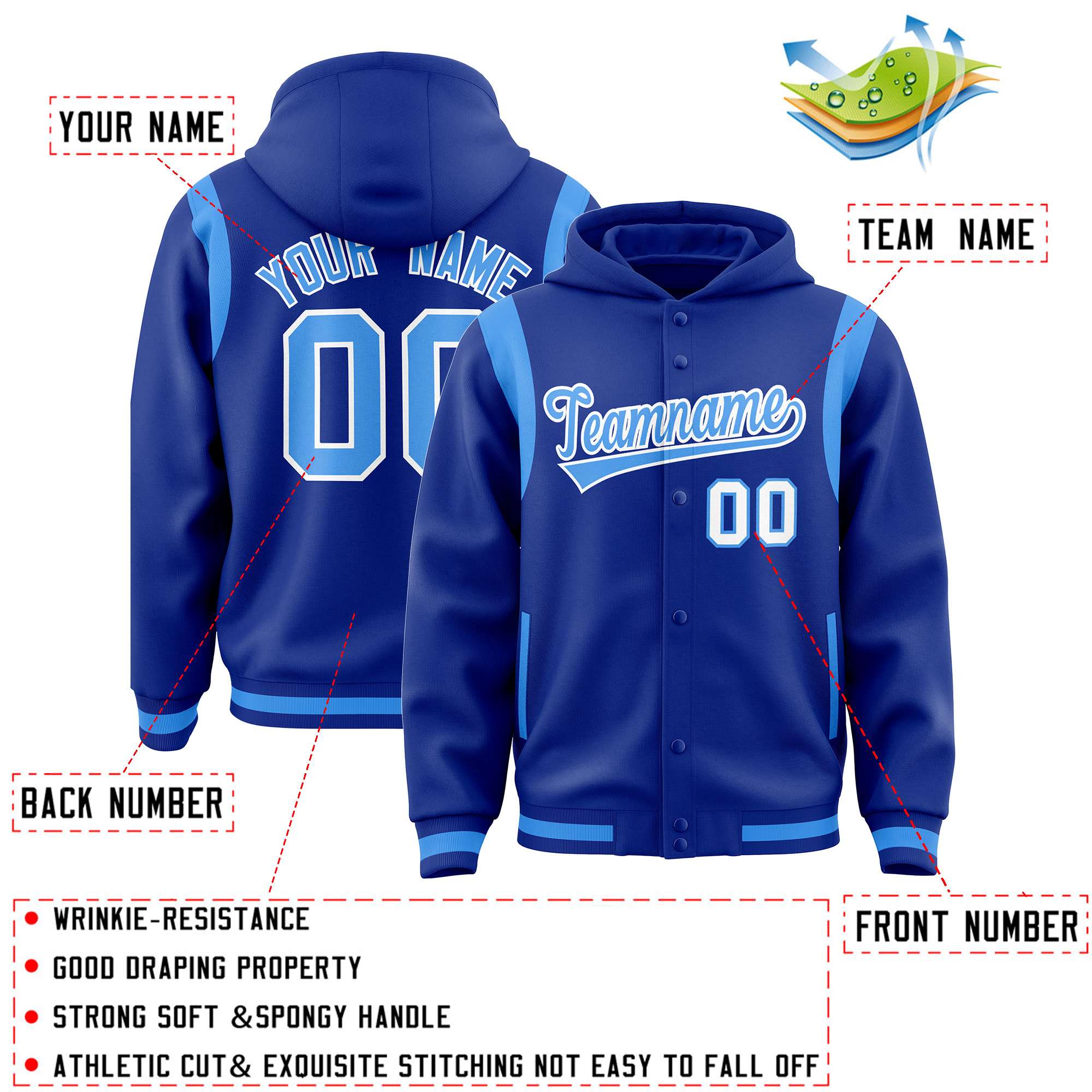 Custom Royal Powder Blue Varsity Full-Snap Letterman Shoulder Color Block Hoodie Jacket