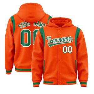 Custom Orange Kelly Green Varsity Full-Snap Letterman Shoulder Color Block Hoodie Jacket