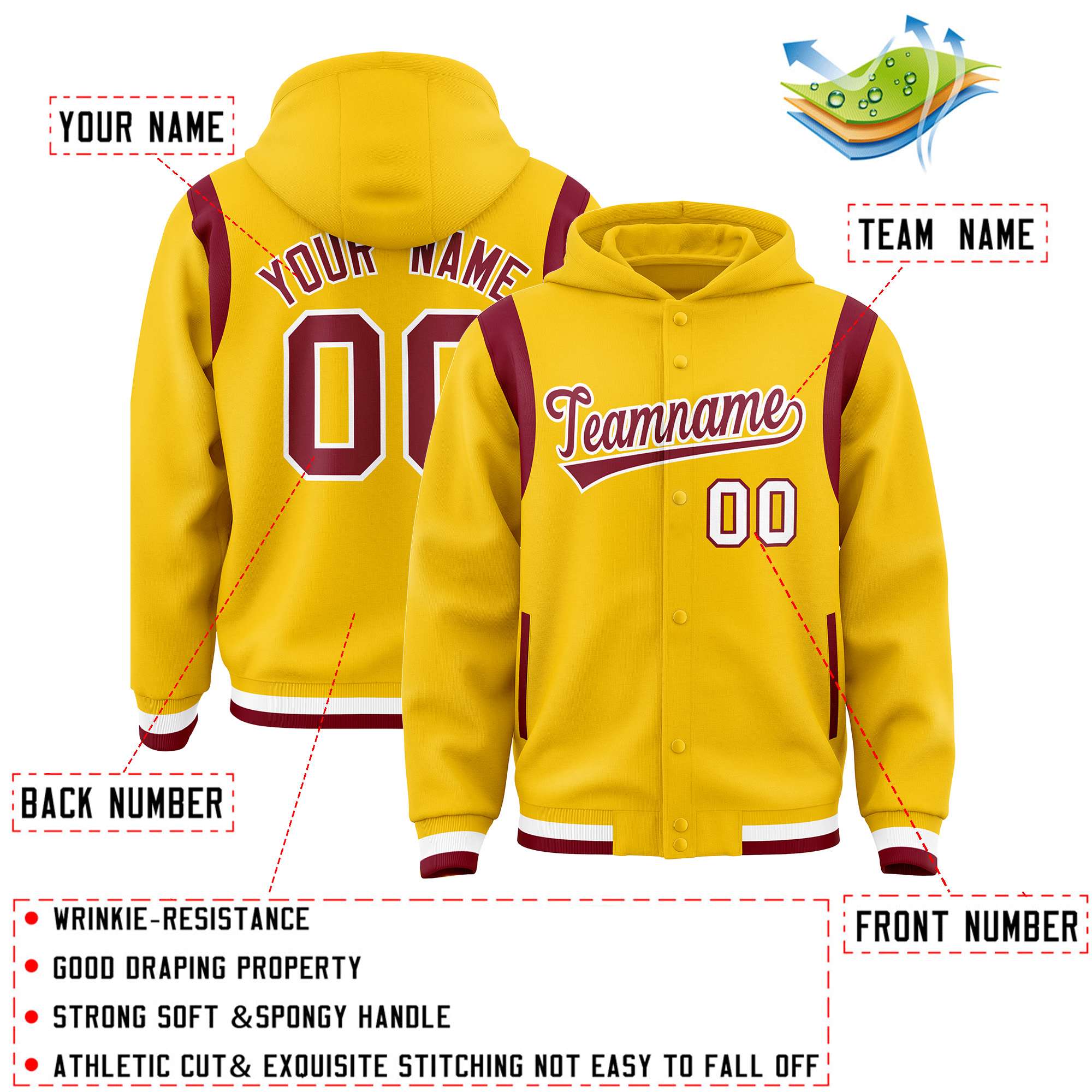 Custom Gold Crimson Varsity Full-Snap Letterman Shoulder Color Block Hoodie Jacket