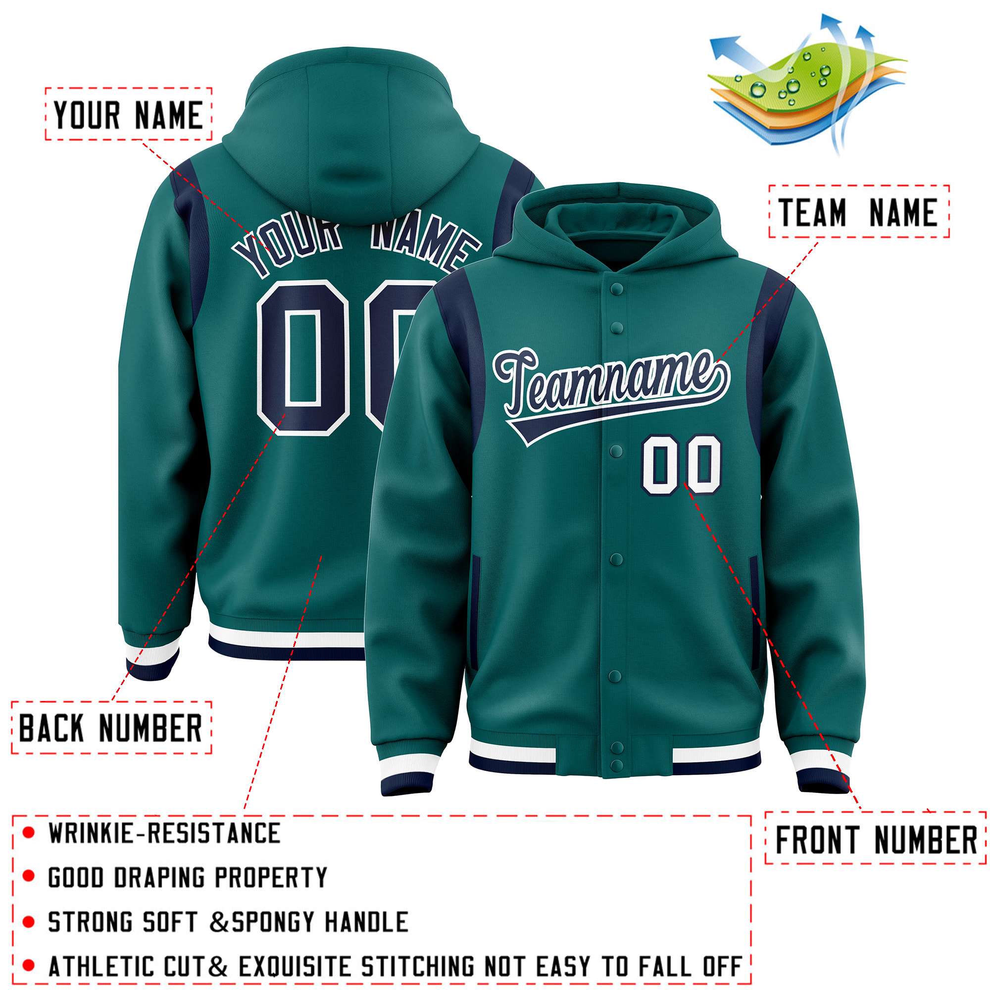 Custom Aqua Navy Varsity Full-Snap Letterman Shoulder Color Block Hoodie Jacket