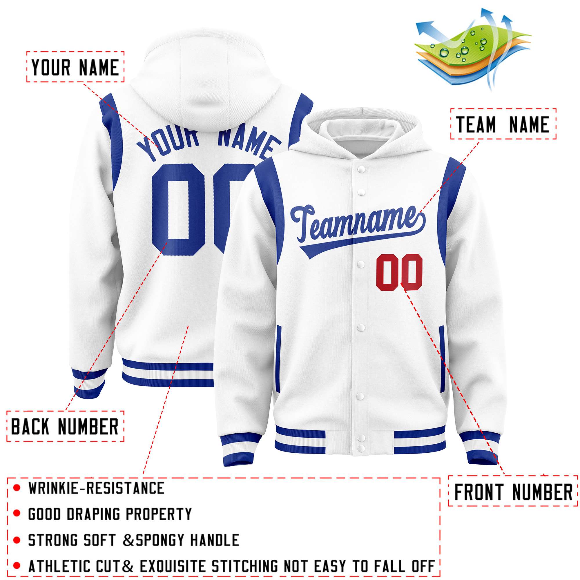 Custom White Royal Varsity Full-Snap Letterman Shoulder Color Block Hoodie Jacket