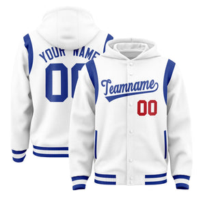 Custom White Royal Varsity Full-Snap Letterman Shoulder Color Block Hoodie Jacket