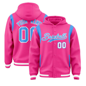 Custom Pink Powder Blue Varsity Full-Snap Letterman Shoulder Color Block Hoodie Jacket