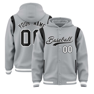 Custom Silver Black Varsity Full-Snap Letterman Shoulder Color Block Hoodie Jacket