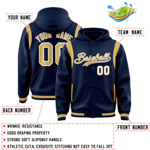 Custom Navy Old Gold Varsity Full-Snap Letterman Shoulder Color Block Hoodie Jacket