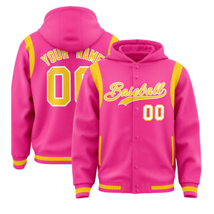 Custom Pink Gold Varsity Full-Snap Letterman Shoulder Color Block Hoodie Jacket