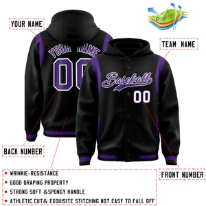 Custom Black Purple Varsity Full-Snap Letterman Shoulder Color Block Hoodie Jacket