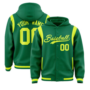 Custom Kelly Green Fluorescent Green Varsity Full-Snap Letterman Shoulder Color Block Hoodie Jacket