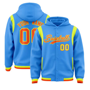 Custom Powder Blue Orange Varsity Full-Snap Letterman Shoulder Color Block Hoodie Jacket