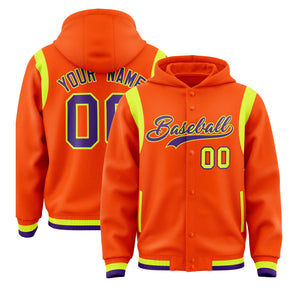 Custom Orange Purple Varsity Full-Snap Letterman Shoulder Color Block Hoodie Jacket