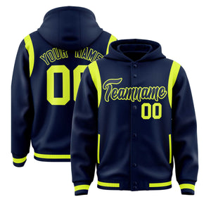 Custom Navy Navy Varsity Full-Snap Letterman Shoulder Color Block Hoodie Jacket