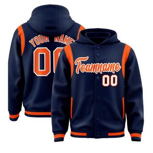 Custom Navy Orange Varsity Full-Snap Letterman Shoulder Color Block Hoodie Jacket