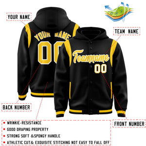 Custom Black Gold Varsity Full-Snap Letterman Shoulder Color Block Hoodie Jacket