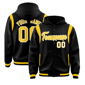 Custom Black Gold Varsity Full-Snap Letterman Shoulder Color Block Hoodie Jacket