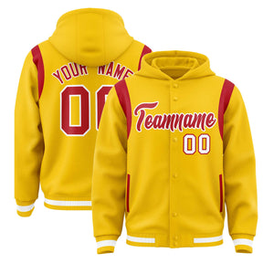 Custom Gold Red Varsity Full-Snap Letterman Shoulder Color Block Hoodie Jacket