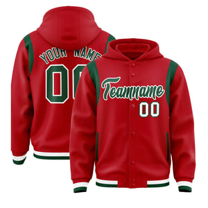 Custom Red Green Varsity Full-Snap Letterman Shoulder Color Block Hoodie Jacket