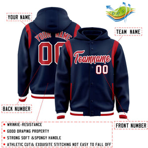 Custom Navy Red Varsity Full-Snap Letterman Shoulder Color Block Hoodie Jacket