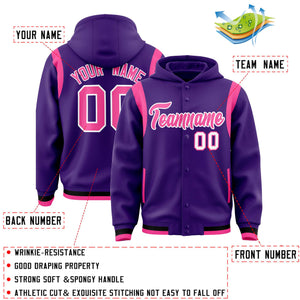 Custom Purple Pink Varsity Full-Snap Letterman Shoulder Color Block Hoodie Jacket