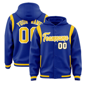 Custom Royal Gold Varsity Full-Snap Letterman Shoulder Color Block Hoodie Jacket