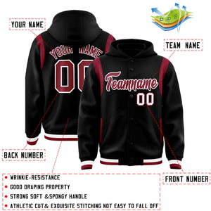 Custom Black Crimson Varsity Full-Snap Letterman Shoulder Color Block Hoodie Jacket