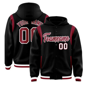 Custom Black Crimson Varsity Full-Snap Letterman Shoulder Color Block Hoodie Jacket