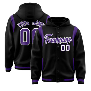 Custom Black Purple Varsity Full-Snap Letterman Shoulder Color Block Hoodie Jacket