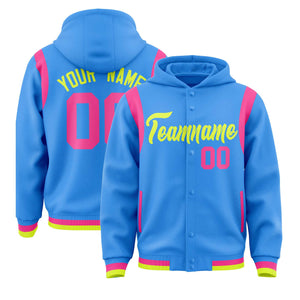 Custom Powder Blue Fluorescent Green Varsity Full-Snap Letterman Shoulder Color Block Hoodie Jacket