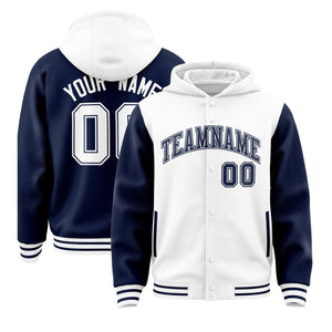 Custom White Navy Raglan Sleeves Varsity Full-Snap Letterman Two Tone Hoodie Jacket