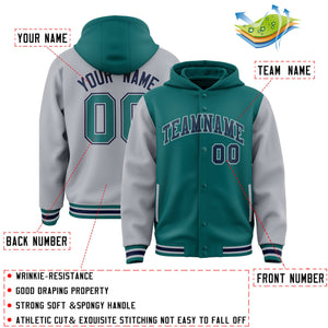 Custom Aqua Gray Raglan Sleeves Varsity Full-Snap Letterman Two Tone Hoodie Jacket