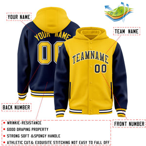 Custom Gold Navy Raglan Sleeves Varsity Full-Snap Letterman Two Tone Hoodie Jacket