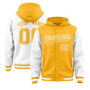 Custom Gold White Raglan Sleeves Varsity Full-Snap Letterman Two Tone Hoodie Jacket