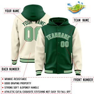 Custom Green Cream Raglan Sleeves Varsity Full-Snap Letterman Two Tone Hoodie Jacket