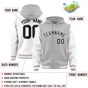 Custom Gray White Raglan Sleeves Varsity Full-Snap Letterman Two Tone Hoodie Jacket