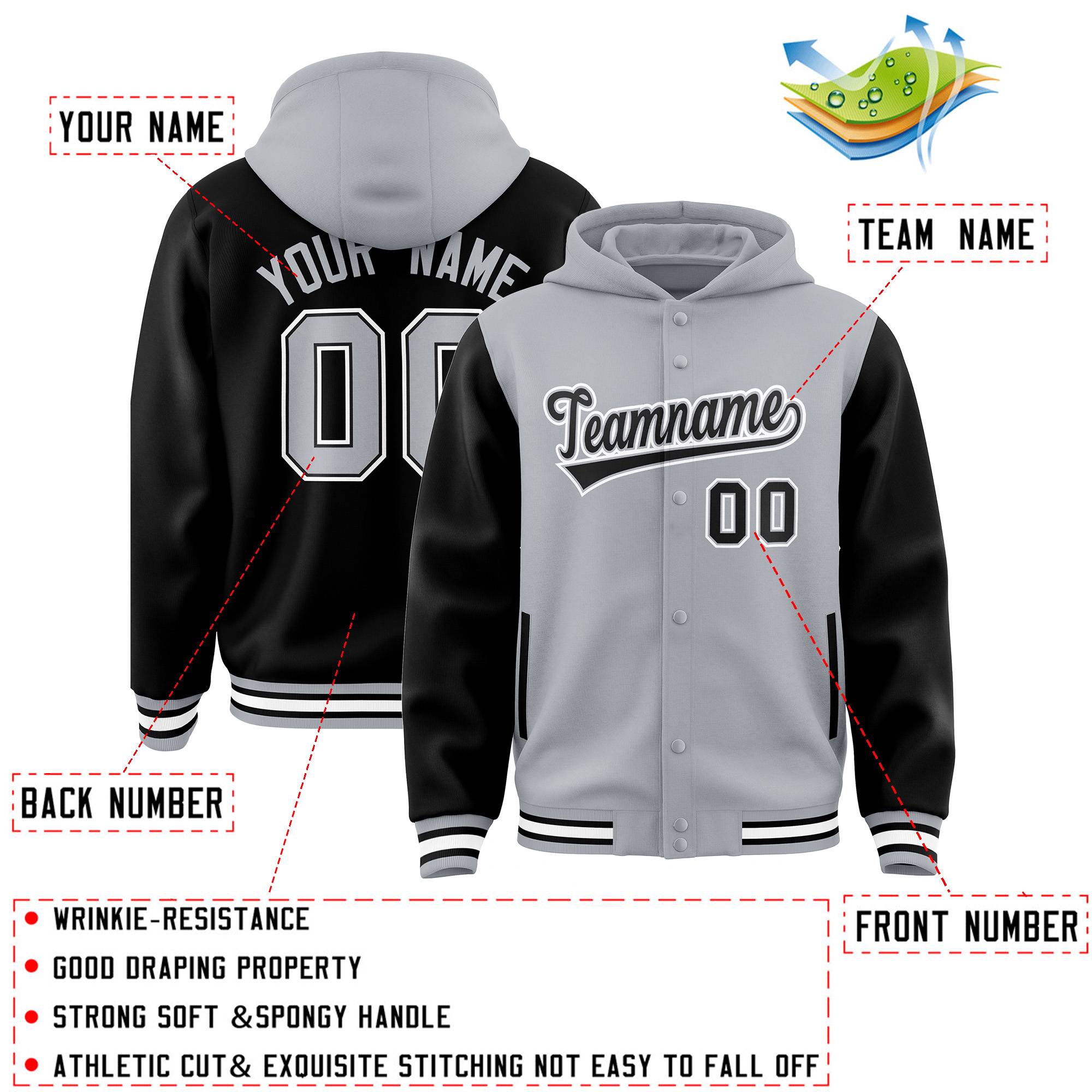 Custom Gray Black Raglan Sleeves Varsity Full-Snap Letterman Two Tone Hoodie Jacket