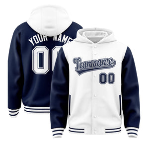 Custom White Navy Raglan Sleeves Varsity Full-Snap Letterman Two Tone Hoodie Jacket