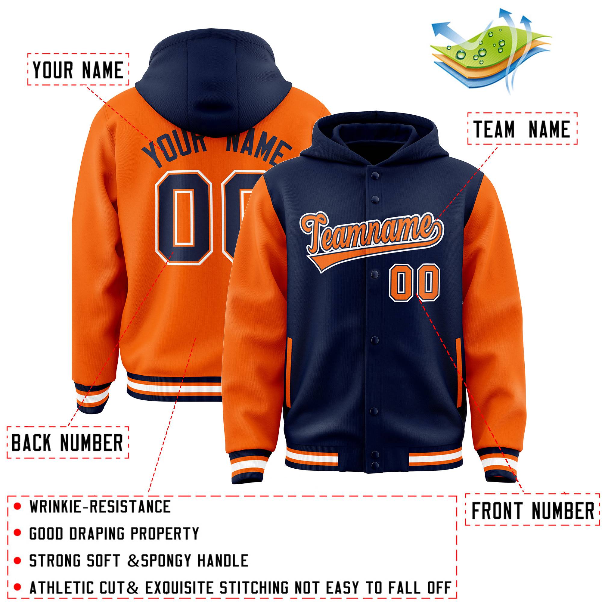 Custom Navy Orange Raglan Sleeves Varsity Full-Snap Letterman Two Tone Hoodie Jacket