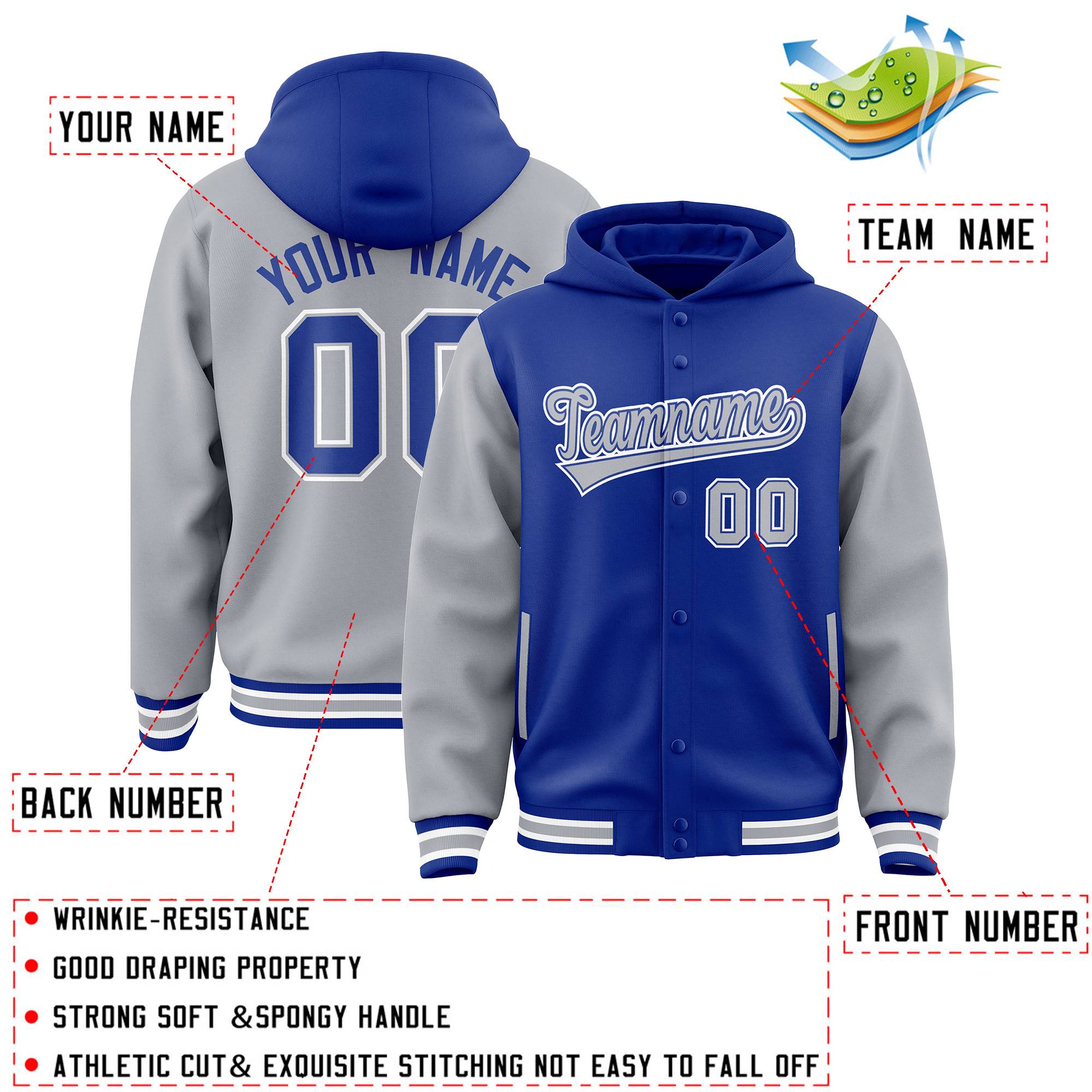 Custom Royal Gray Raglan Sleeves Varsity Full-Snap Letterman Two Tone Hoodie Jacket