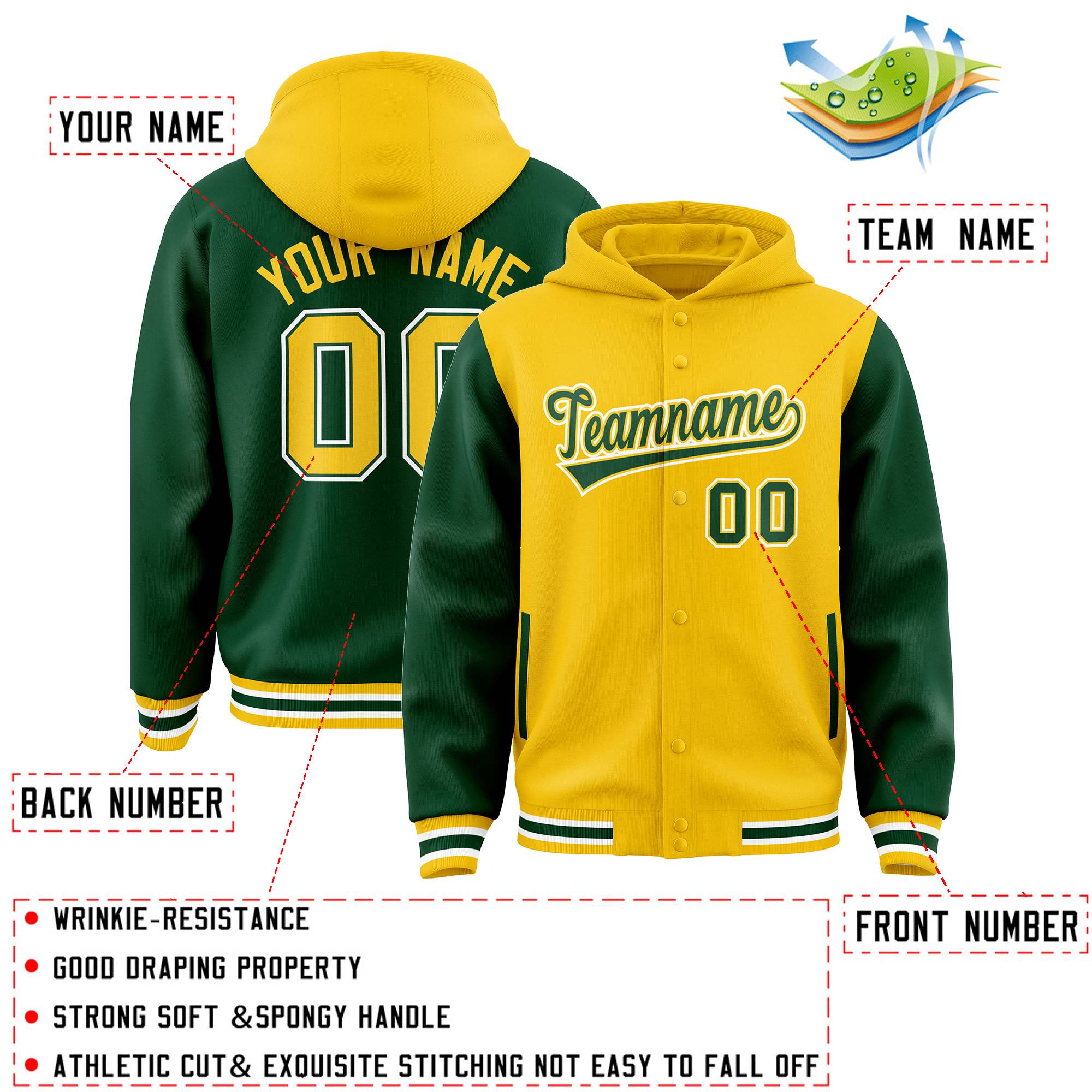 Custom Gold Green Raglan Sleeves Varsity Full-Snap Letterman Two Tone Hoodie Jacket