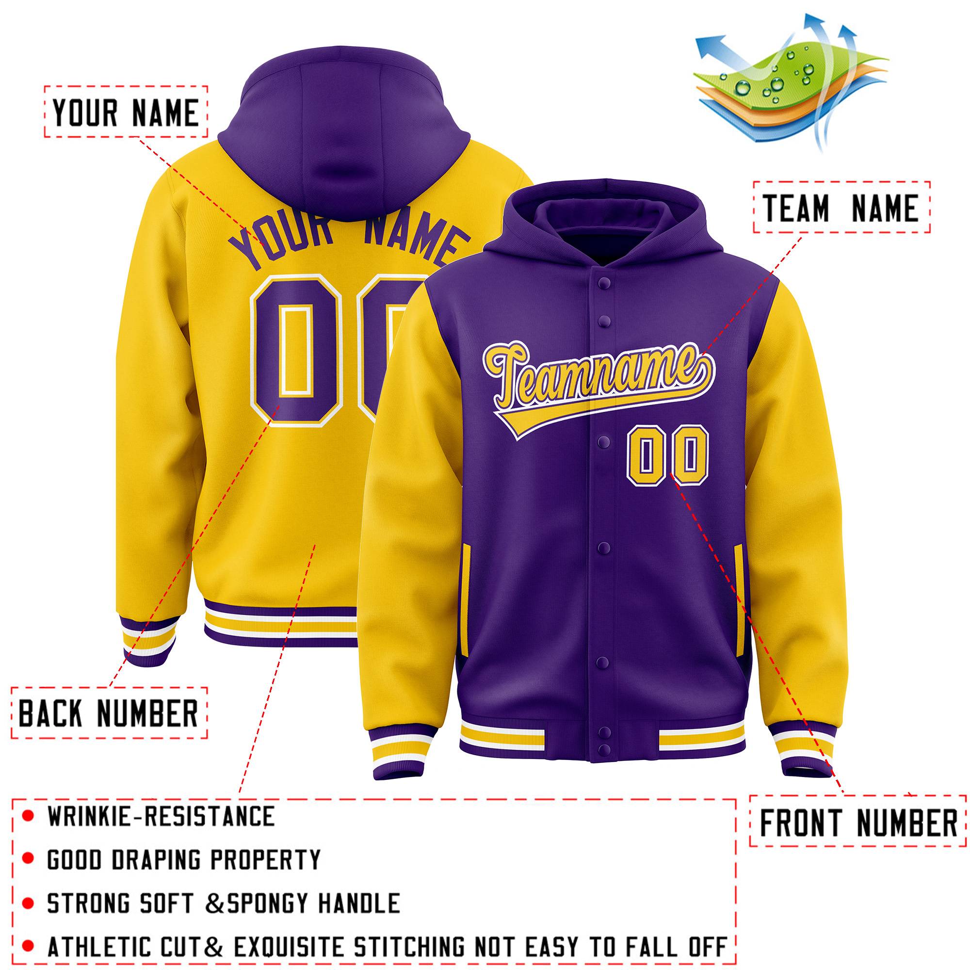 Custom Purple Gold Raglan Sleeves Varsity Full-Snap Letterman Two Tone Hoodie Jacket