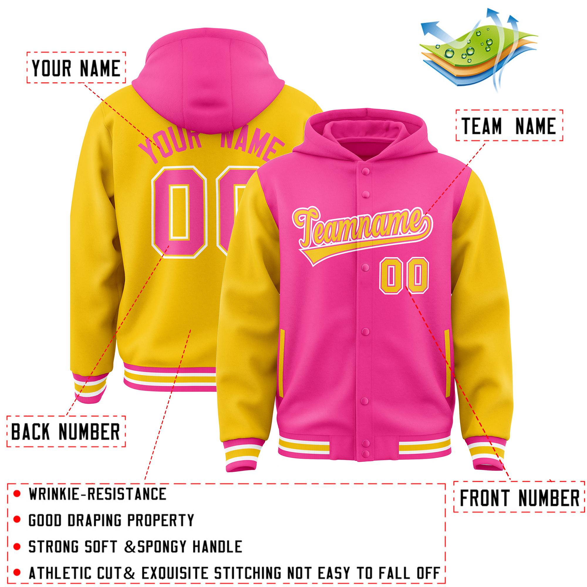 Custom Pink Gold Raglan Sleeves Varsity Full-Snap Letterman Two Tone Hoodie Jacket