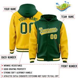 Custom Green Gold Raglan Sleeves Varsity Full-Snap Letterman Two Tone Hoodie Jacket